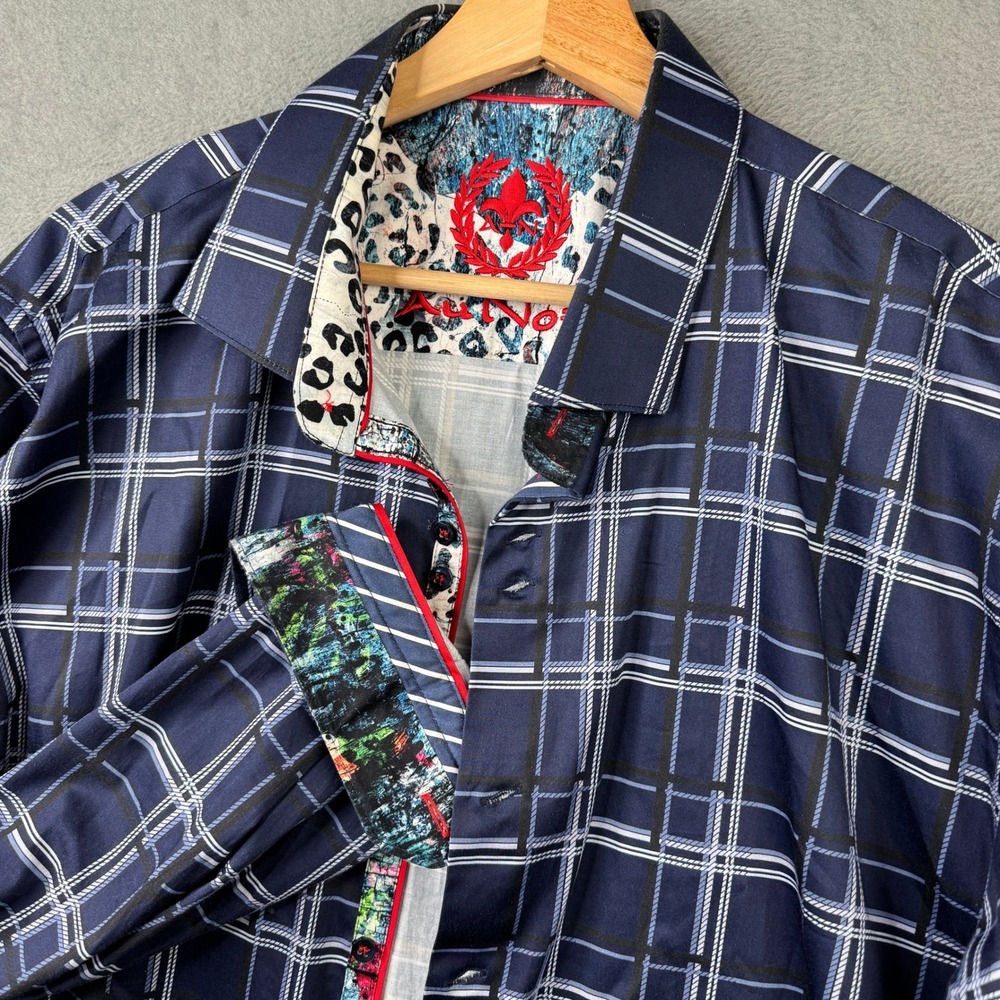 Au Noir Mens Navy Blue Plaid Button Down Shirt Floral Leopard Trim Size 6 XL